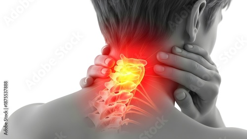 Neck and cervical spine anatomy with red glowing pain area. Chiropractic care and spinal health. Person touching painful neck muscles with highlighted vertebrae inflammation