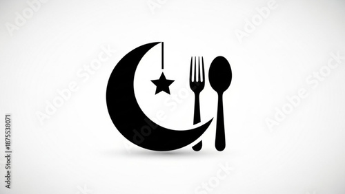 Crescent moon symbol with star and utensils for ramadan or iftar