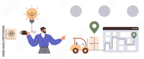 Logistics, supply chain, energy solutions, innovation, delivery, planning. A man holds a lightbulb connected to a power socket, a forklift moves boxes a map with markers. Logistics and energy