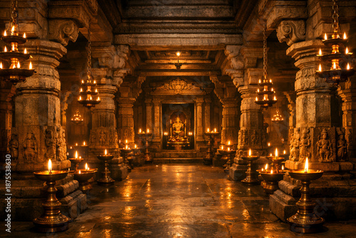 Temple Interior with Candles and Statue of Lord Buddha