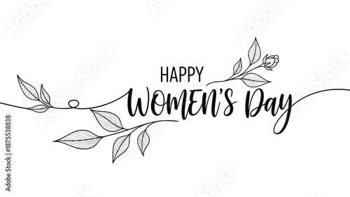 Happy women's day greeting card with floral design and elegant typography on white background