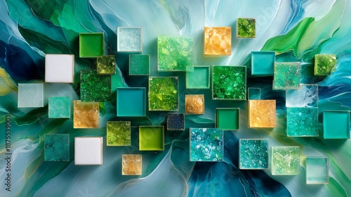 An aerial view of agricultural fields or salt flats, naturally forming a patchwork of perfect squares and rectangles in earthy green and white tones.