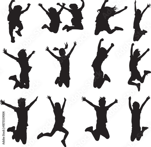 Vector illustration of active jumping people silhouettes featuring a ballerina dancer and sporty boy celebrating with joy and action at a fun disco party