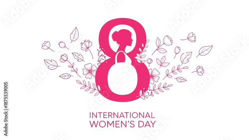 International women's day logo with pink flowers and leaves on white background celebrating equality