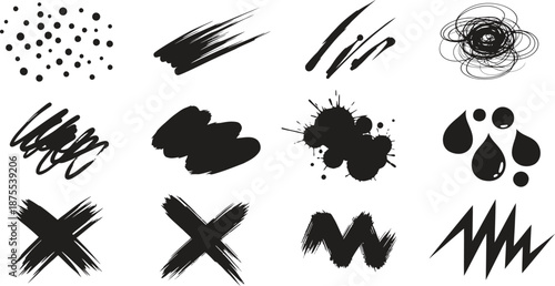 Collection of black silhouette brush strokes and shapes on white background