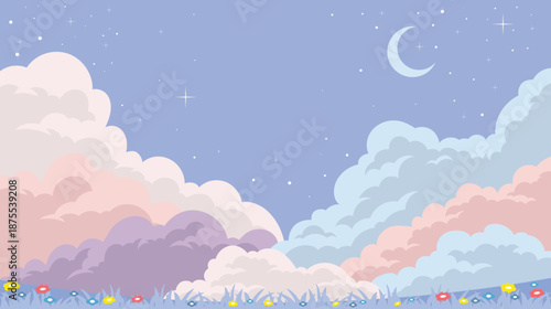 Crescent moon in starry purple sky over soft cloudscape