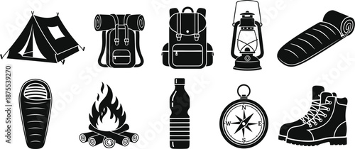 Camping gear silhouette icons set for outdoor adventure and travel