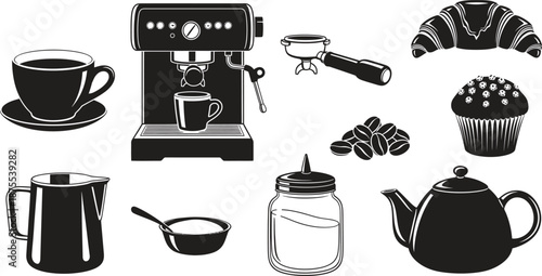 Silhouette of coffee and tea accessories with baked goods