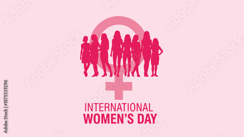 International women's day logo with pink silhouettes of diverse women standing together