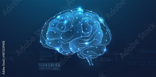 Futuristic Digital Human Brain with Neural Network, Artificial Intelligence and Data Visualization on Blue Technology Background
