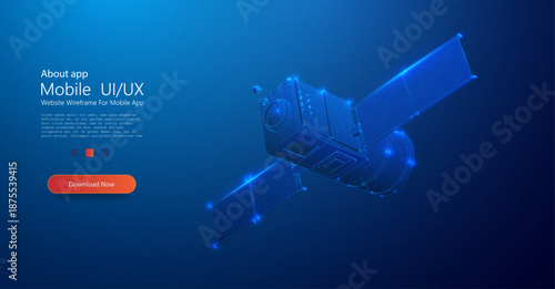 Futuristic Digital Satellite in Orbit with Polygonal Wireframe Design and Space Technology Concept on Blue Background
