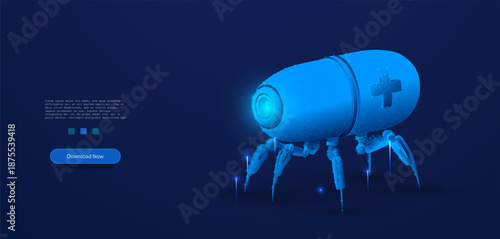 Medical Nanorobots for Advanced Treatment and Healthcare Technology with Futuristic Digital Wireframe Design on Blue Background

