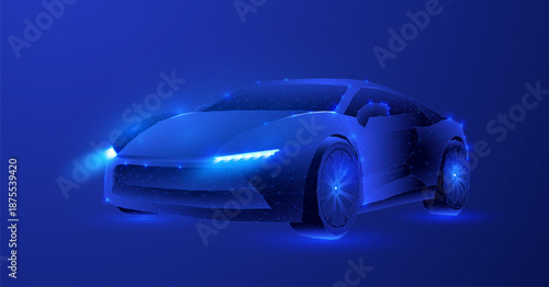 Futuristic Digital Electric Car with Autonomous Driving Technology and Polygonal Wireframe Design on Blue Background
