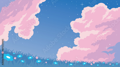 Fantasy blue sky with fluffy pink clouds and night flower field