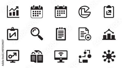 Business planning project management and data reporting vector icon set analysis statistics and workflow elements