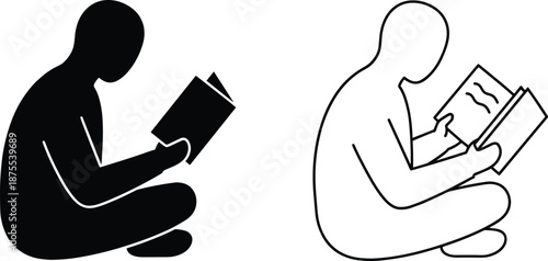 Black silhouette and outline vector of a person sitting and reading a book, education icon set isolated on white background. (20 words)
