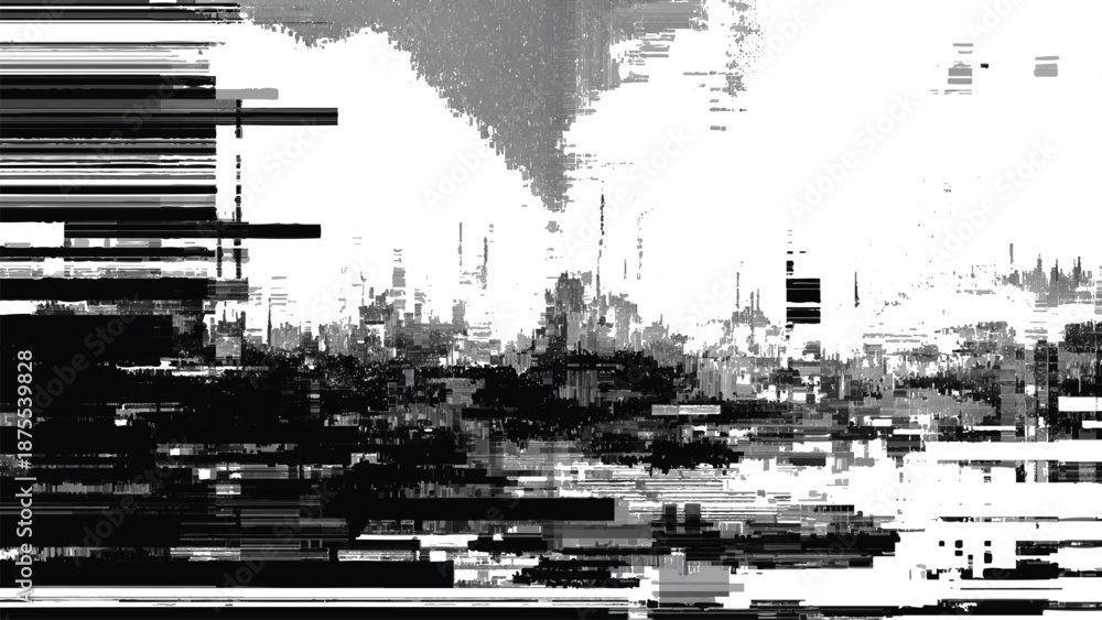 Fototapeta premium Glitchy distorted cityscape with horizontal lines and pixelation effects in grayscale colors