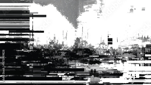 Glitchy distorted cityscape with horizontal lines and pixelation effects in grayscale colors
