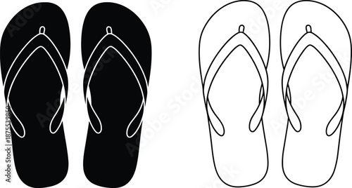 Black silhouette and outline vector of summer flip flops, beach sandals icon set isolated on white background for vacation designs. (20 words)