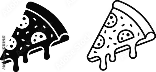 Black silhouette and outline vector of a pizza slice with melted cheese, fast food icon set isolated on white background. (20 words)