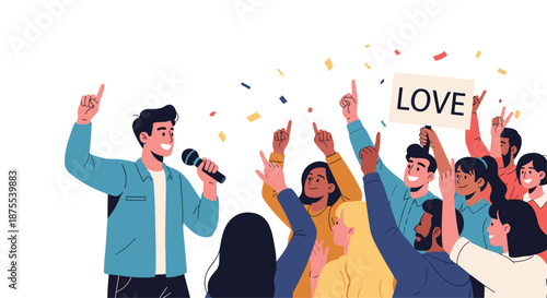 Public speaker with a microphone on stage addressing an enthusiastic and happy crowd of diverse people at a concert or rally.