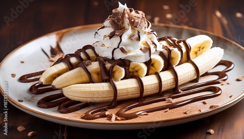 Delicious Banana Split With Chocolate Drizzle And Whipped Cream