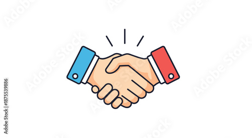 Simple and colorful cartoon icon of a firm handshake, representing a successful business deal, agreement, or partnership.