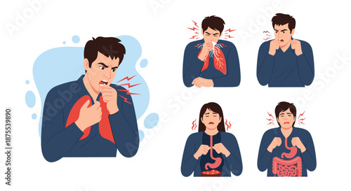 Set of illustrations showing a man and woman experiencing various health problems like coughing, lung pain, and stomach ache.