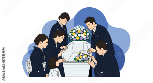 Grieving family dressed in traditional black funeral attire gathered around an open casket to say their final goodbyes.