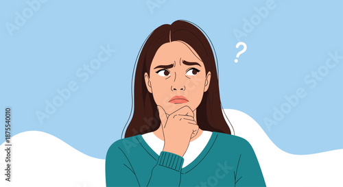Thoughtful young woman with a confused expression, touching her chin and looking aside with a question mark above her head.