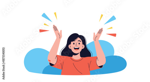 Happy and cheerful young woman celebrating with her hands up in the air, expressing joy, success, and positive energy.