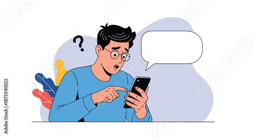 Confused young man looking at his smartphone with a shocked expression, with a question mark and a blank speech bubble.