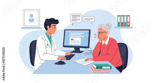 Elderly female patient with a toothache consulting with a male doctor in his office, discussing her medical records on the computer.