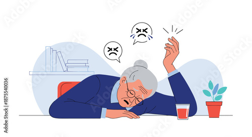 Exhausted elderly businesswoman sleeping at her desk with angry and crying emojis, showing signs of burnout from overworking.