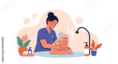Caring female nurse or caregiver giving a gentle bath to an elderly woman, providing assistance with personal hygiene.