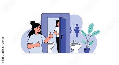Woman giving a thumbs up outside a clean and accessible public restroom, concept of hygiene, sanitation, and public facilities.