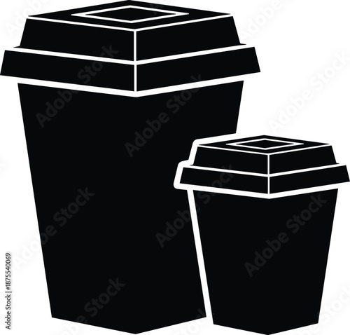 Black silhouette and outline vector of takeaway coffee cups, disposable paper cafe mug icons isolated on white background, drink set. (20 words)