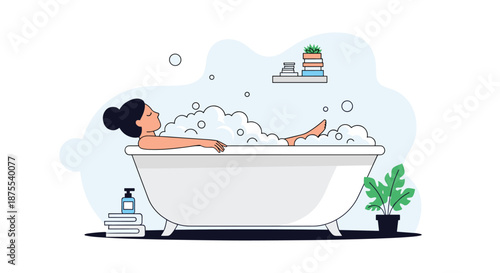 Young woman relaxing in a clawfoot bathtub full of soap bubbles, enjoying a peaceful moment of self-care and hygiene at home.
