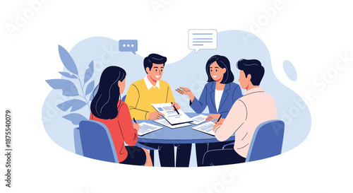 Diverse team of business professionals collaborating during a productive meeting, discussing strategy and sharing ideas around a table.