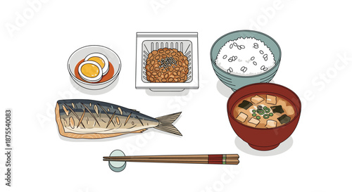 Traditional Japanese breakfast set beautifully illustrated, featuring grilled mackerel, rice, miso soup, natto, and a seasoned egg.