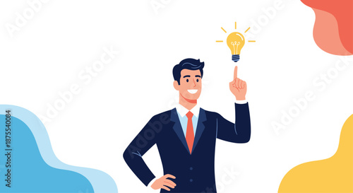 Happy businessman in a suit pointing to a glowing lightbulb, symbolizing a great idea, innovation, creativity, and problem-solving.