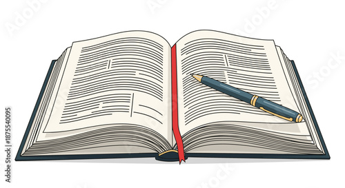 Open hardcover book with a classic fountain pen resting on its pages and a red ribbon bookmark, symbolizing literature and writing.