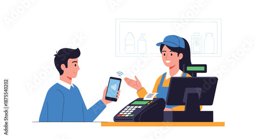 Male customer making a contactless payment with his smartphone at a store checkout with a friendly female cashier.