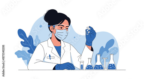 Female scientist in a lab coat, mask, and goggles conducting a chemical experiment, holding a vial in a modern laboratory.