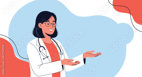 Friendly female doctor in a white coat and stethoscope smiling and gesturing, with a colorful abstract background for presentation.
