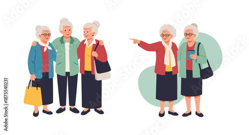 Set of illustrations showing friendly elderly women, with a group of three friends and a pair of two friends talking and pointing.