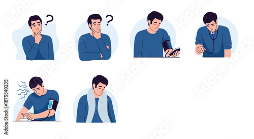 Set of illustrations of a man experiencing health problems, including confusion, and checking his blood pressure and pulse.