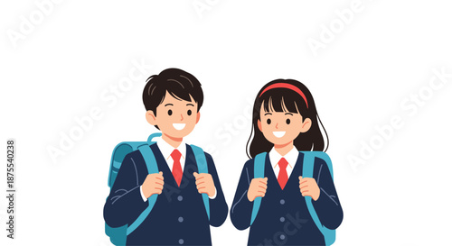 Smiling elementary school boy and girl in matching uniforms with backpacks, ready to go to school together as friends.