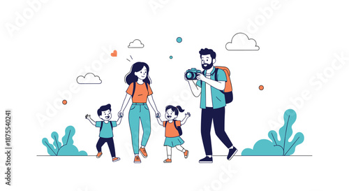 Happy family of four on a vacation trip, with the father taking photos while walking with his wife and two children.