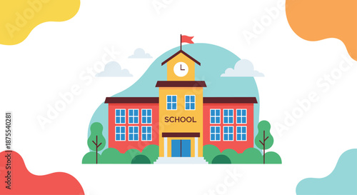 Colorful flat design illustration of a school building with a clock tower and a flag, set against a background with clouds.